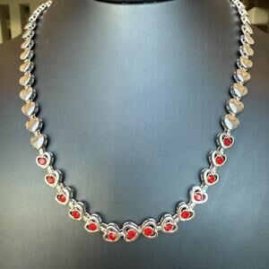 BEAUTIFUL Line Necklace Silver Tone Metal Heart Links & Red Rhinestone Crystals
